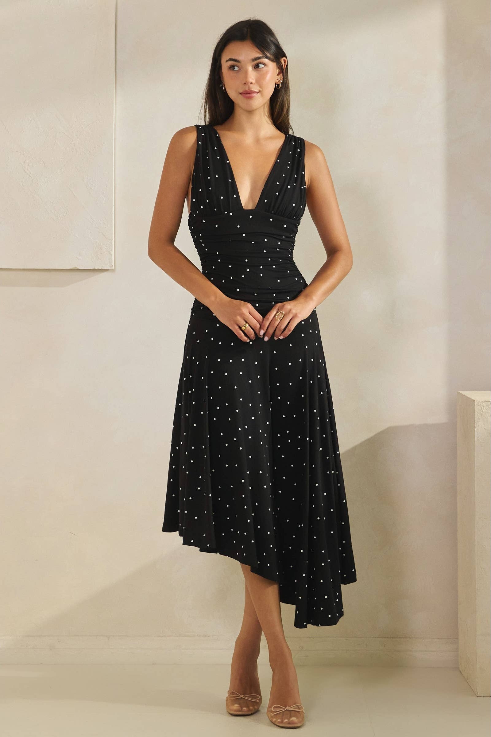 Polka Dot Ruched Asymmetrical Dress