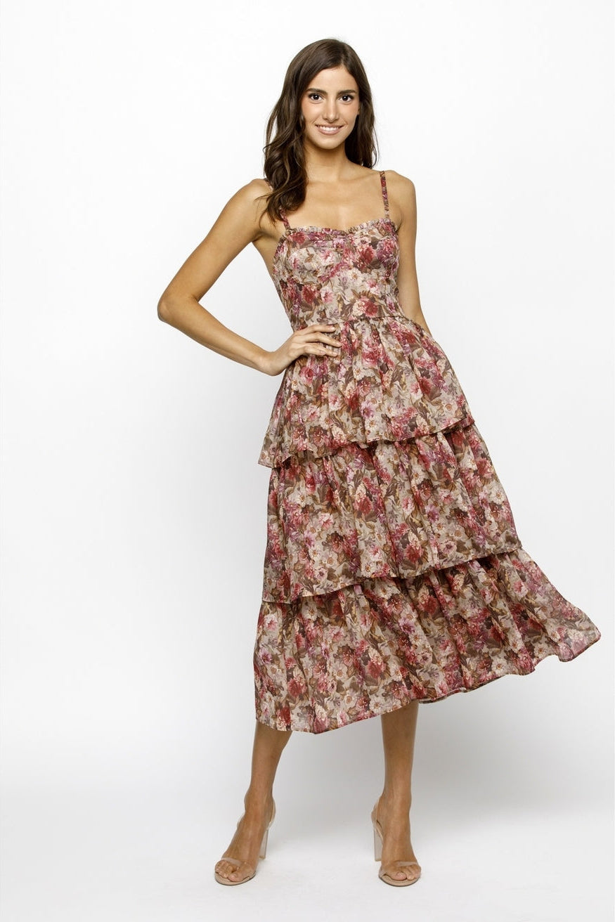 Floral Organza Tiered Midi Dress
