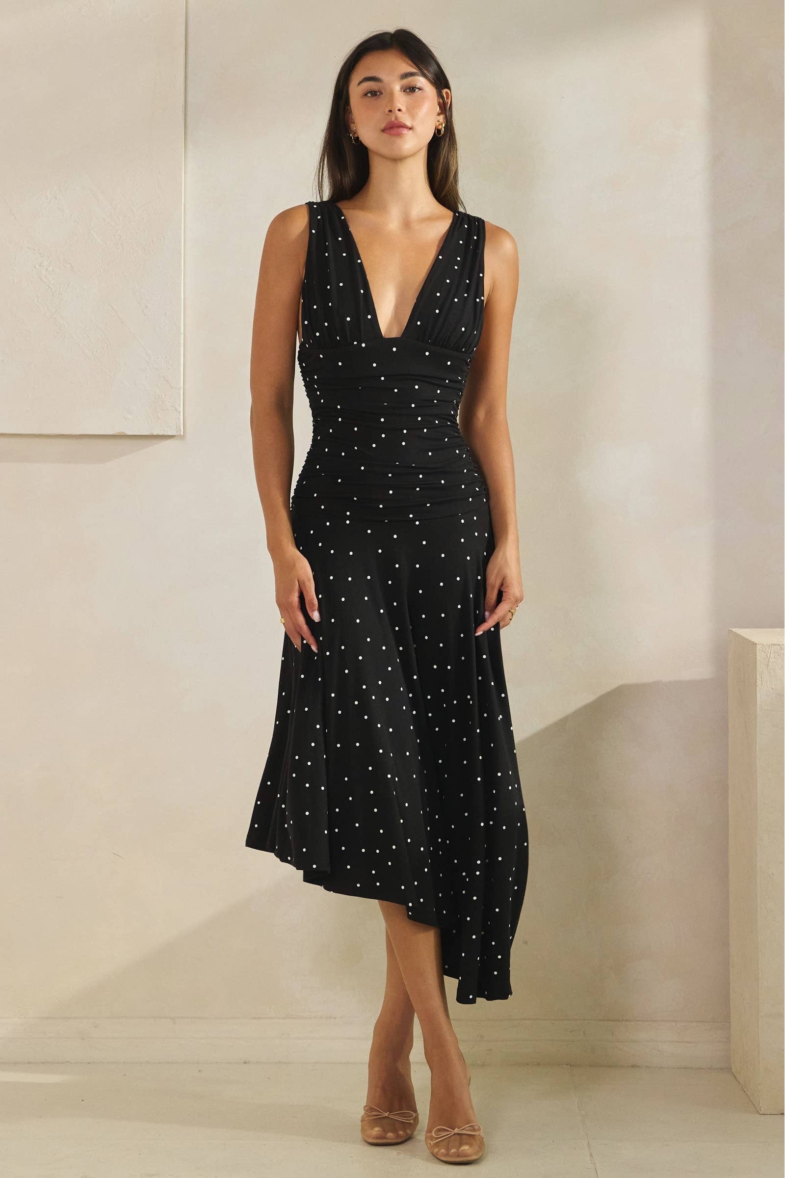 Polka Dot Ruched Asymmetrical Dress