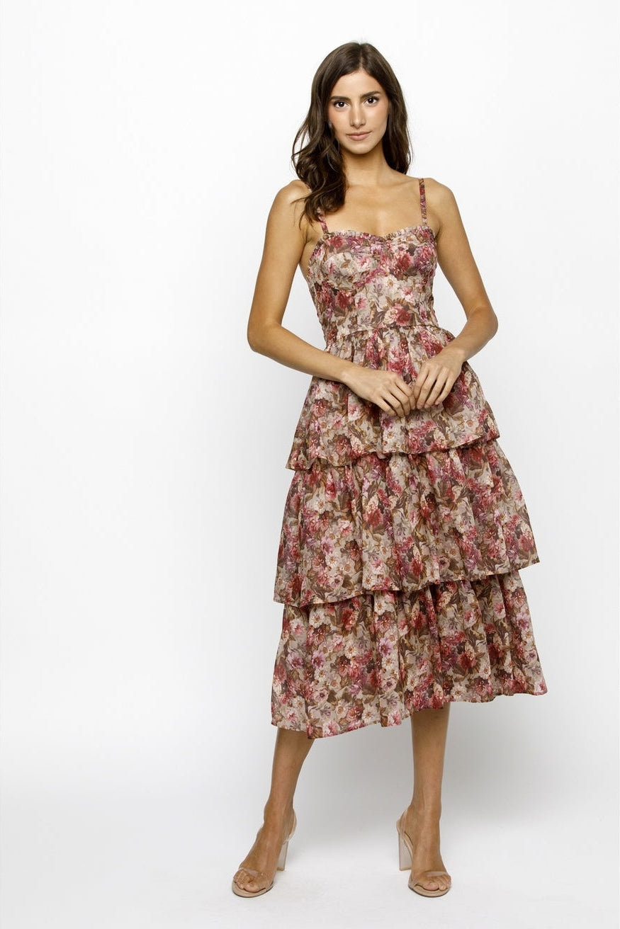 Floral Organza Tiered Midi Dress
