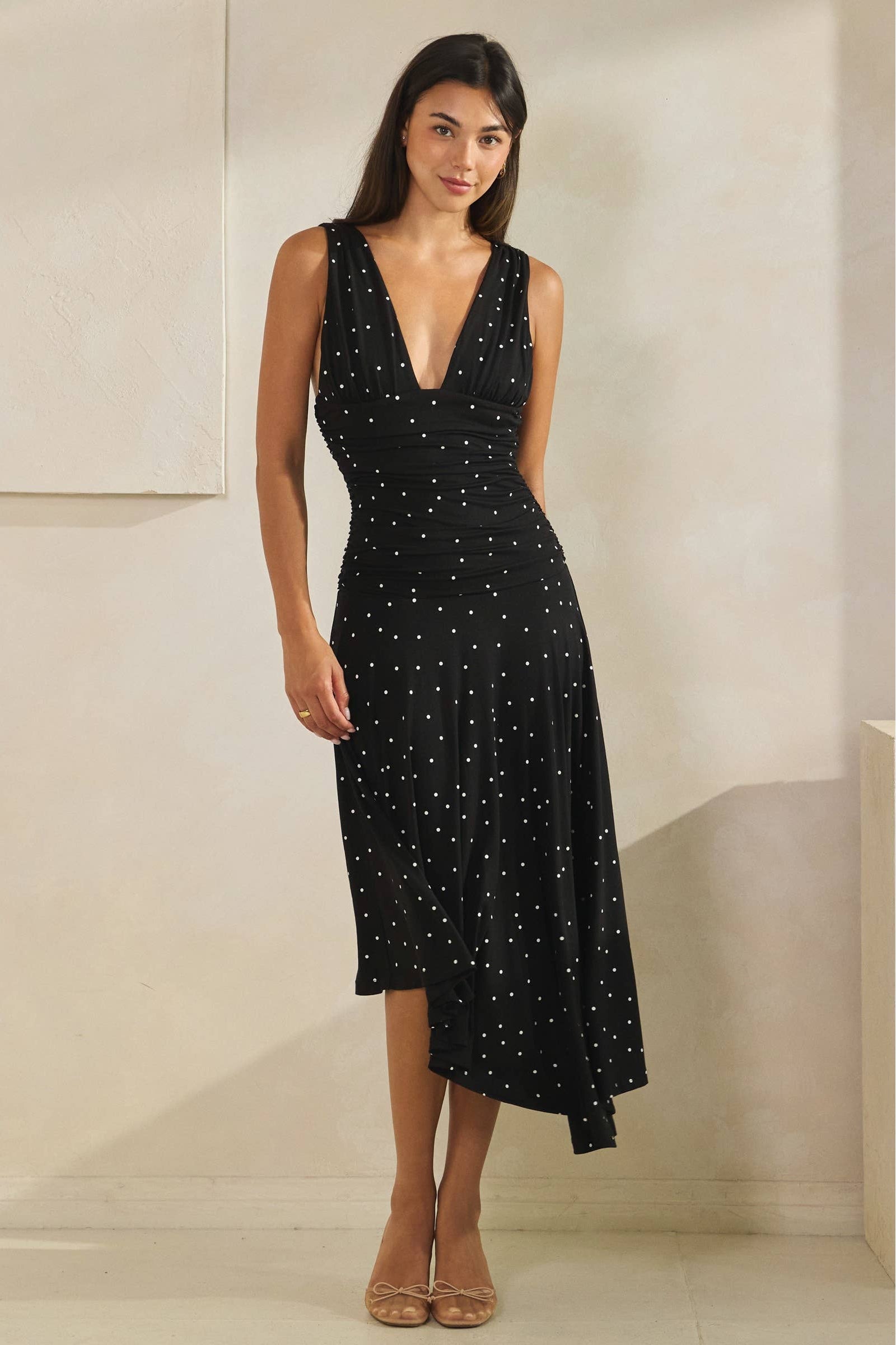 Polka Dot Ruched Asymmetrical Dress