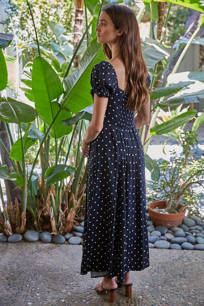 Woven Lyocell Polka Dot Print Back Smocked Dress