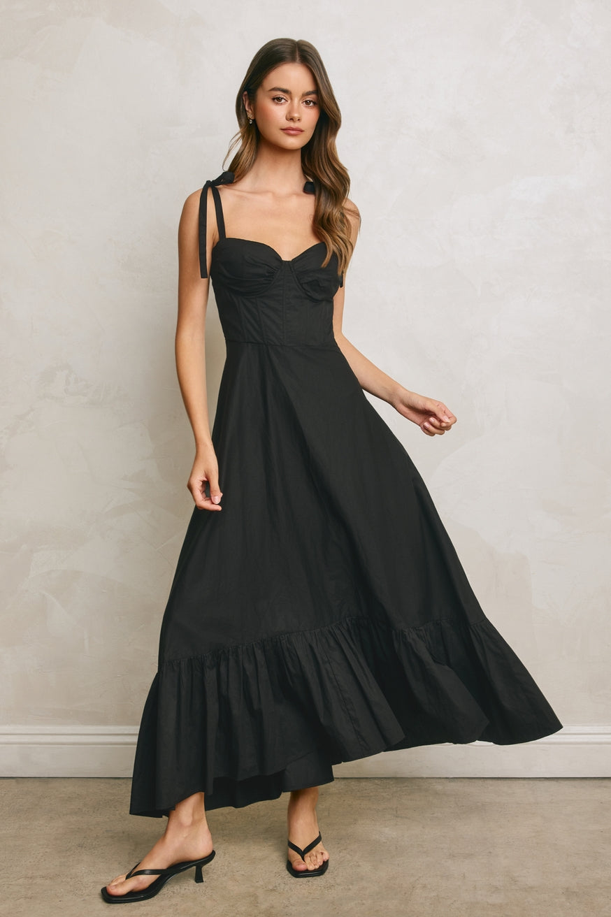 Black Cotton Poplin Ruched Detail Maxi Dress