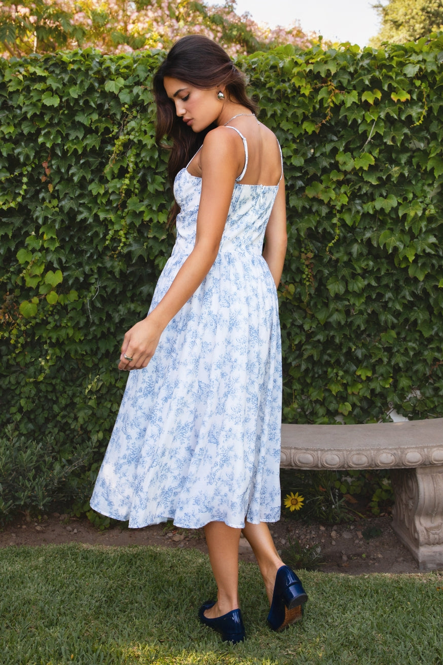 Blue and White Spaghetti Straps Chiffon Floral Print Midi Dress