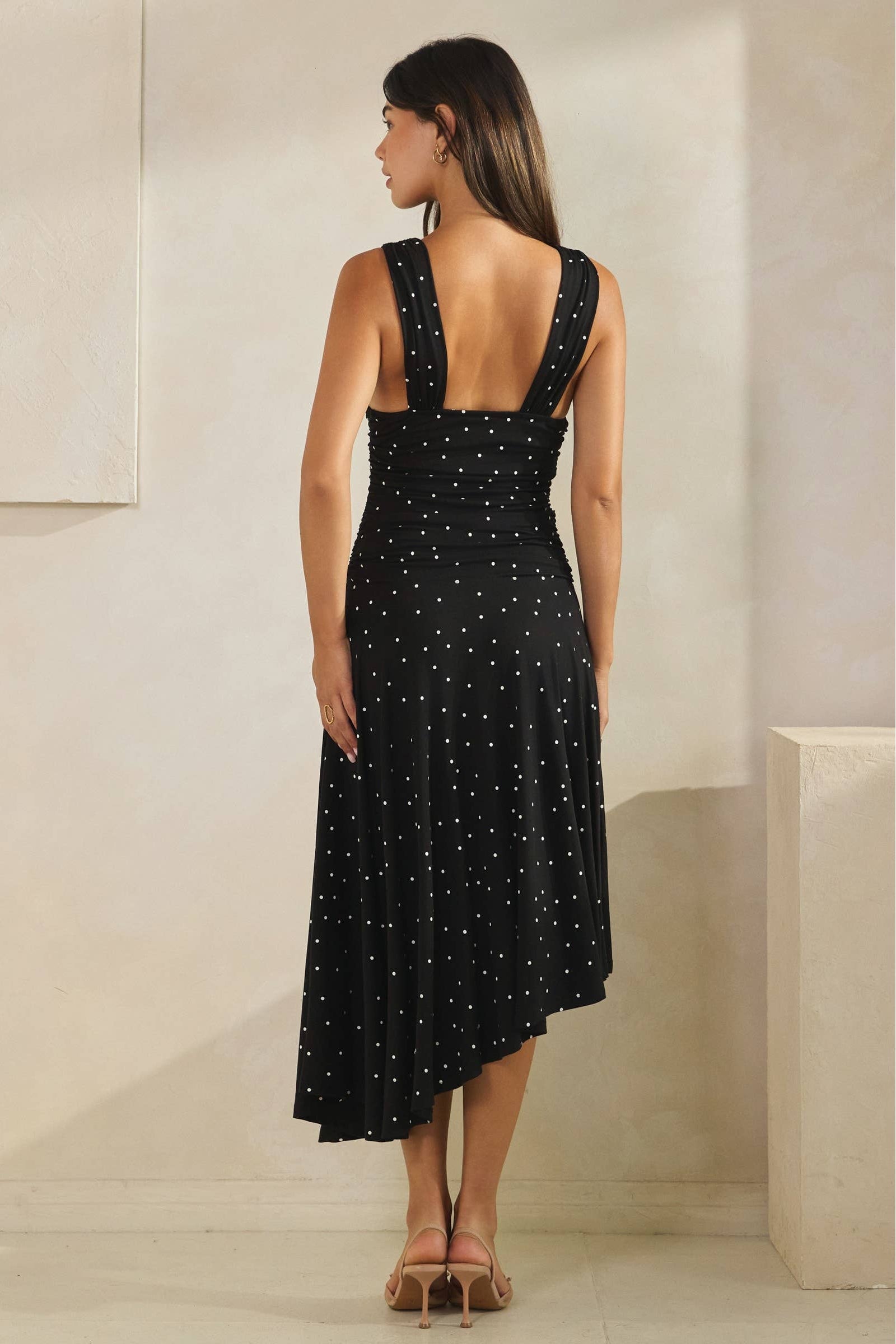 Polka Dot Ruched Asymmetrical Dress