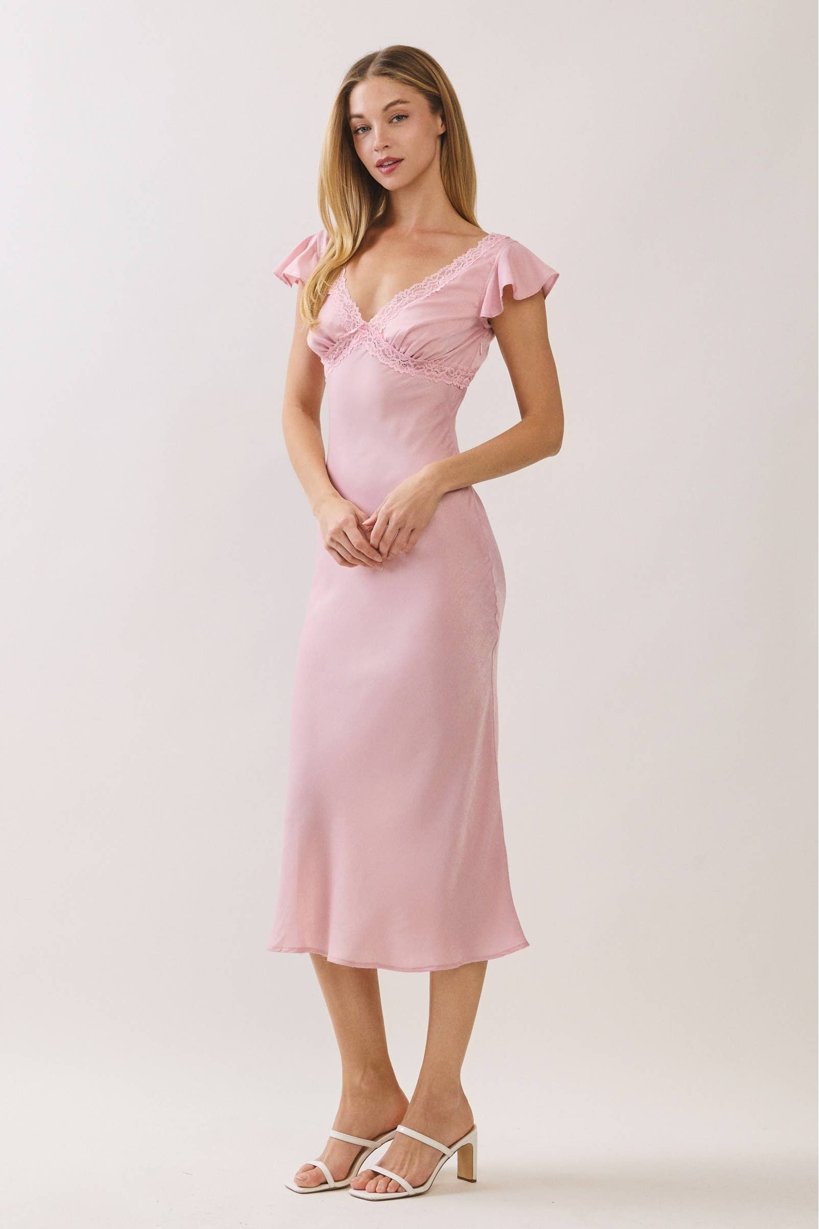 Satin Lace Trim Bias Cut Midi Dress