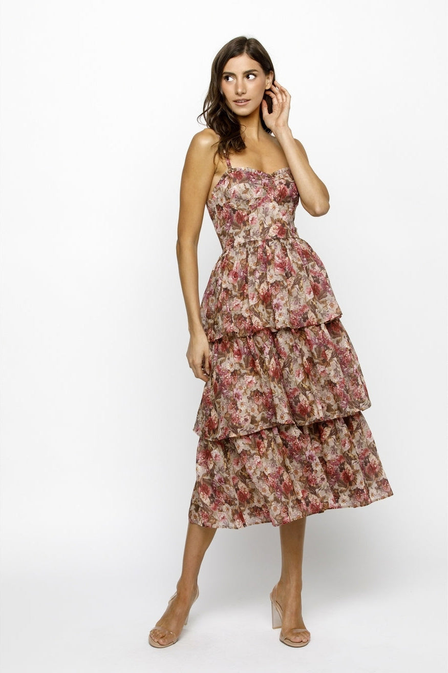 Floral Organza Tiered Midi Dress