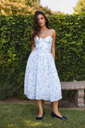 Blue and White Spaghetti Straps Chiffon Floral Print Midi Dress