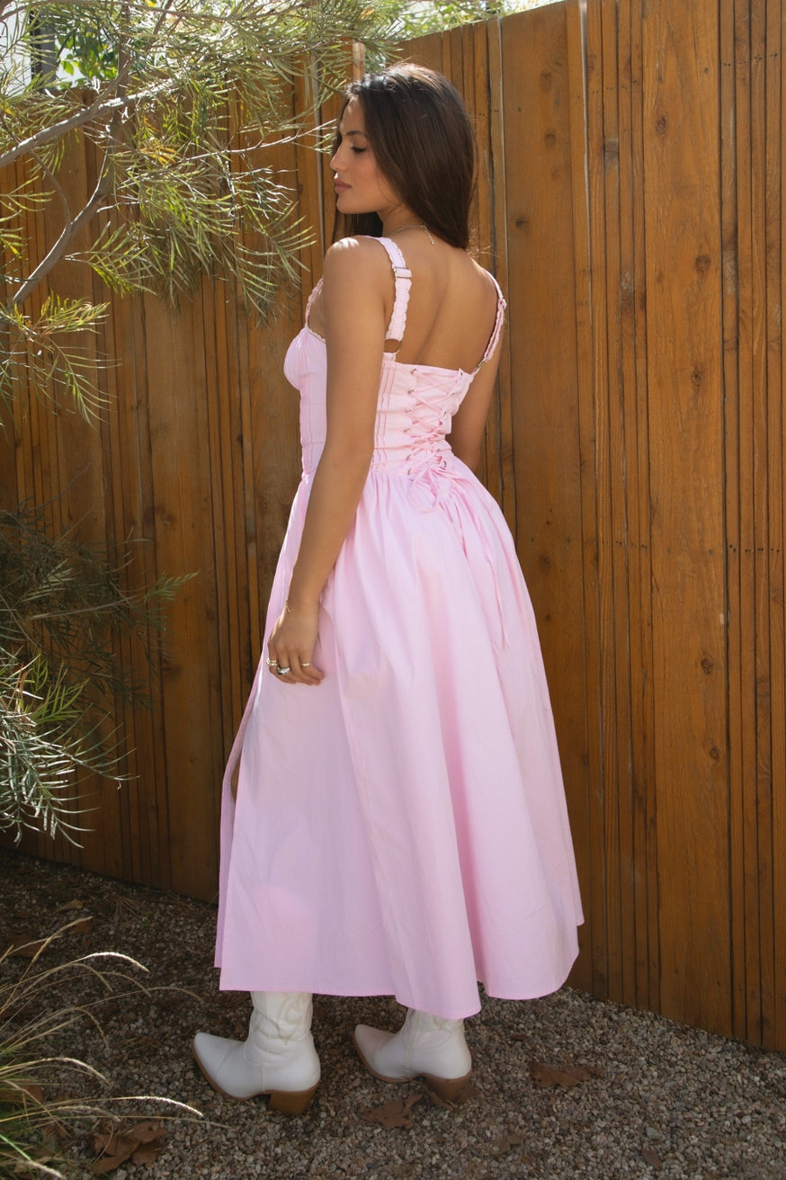 Pink Stretch Poplin Sleeveless Drop Waist Maxi Dress