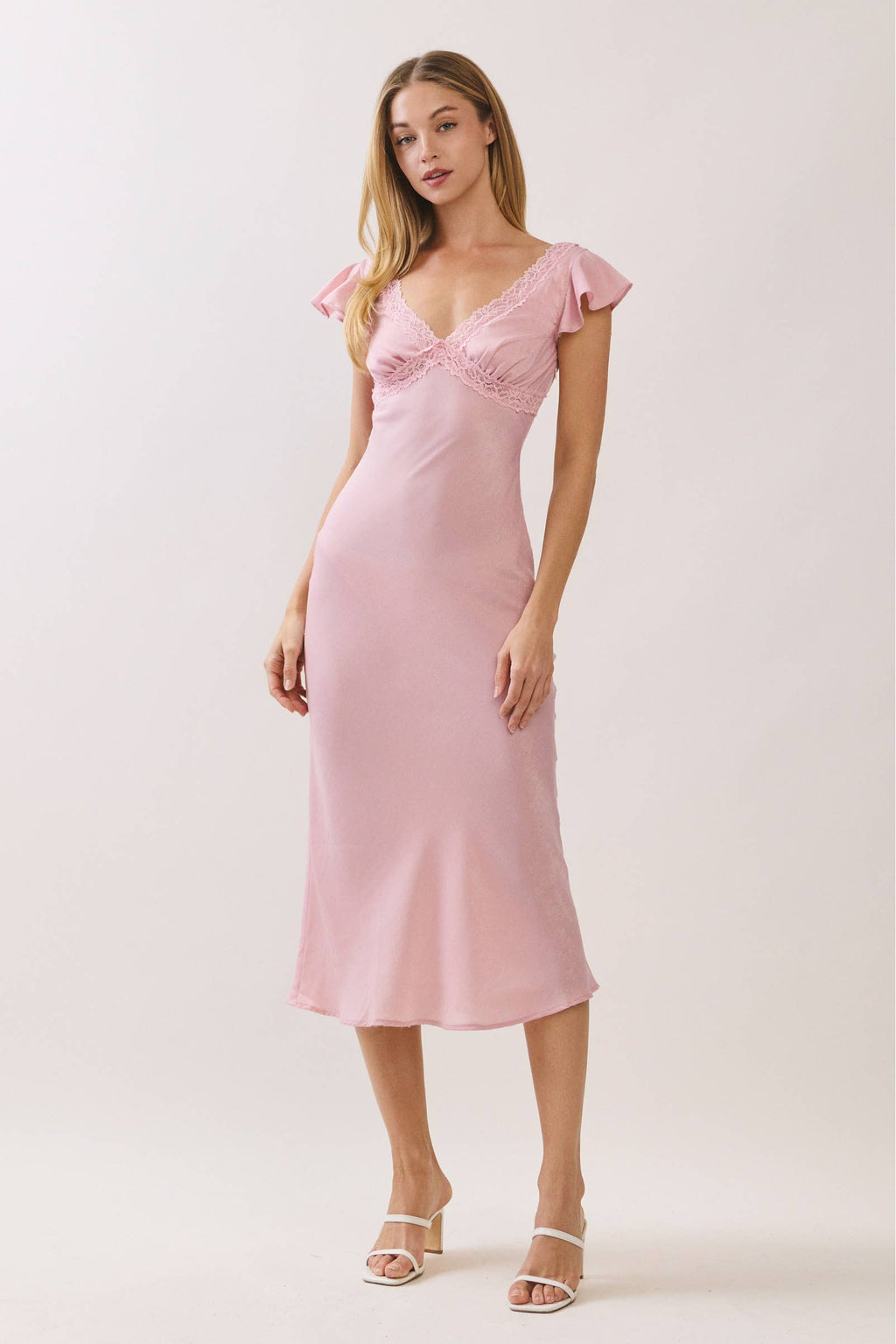 Satin Lace Trim Bias Cut Midi Dress