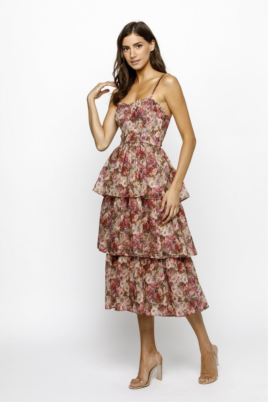 Floral Organza Tiered Midi Dress