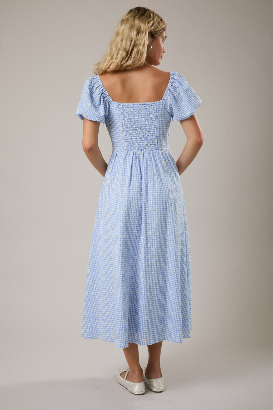 Puff Short Sleeve Sweetheart Neckline Gingham Midi Dress