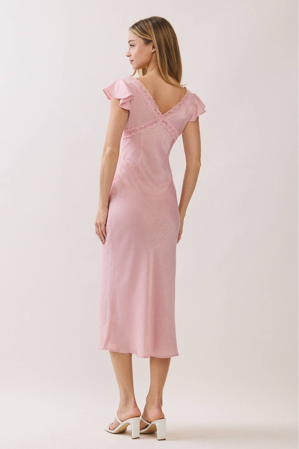 Satin Lace Trim Bias Cut Midi Dress