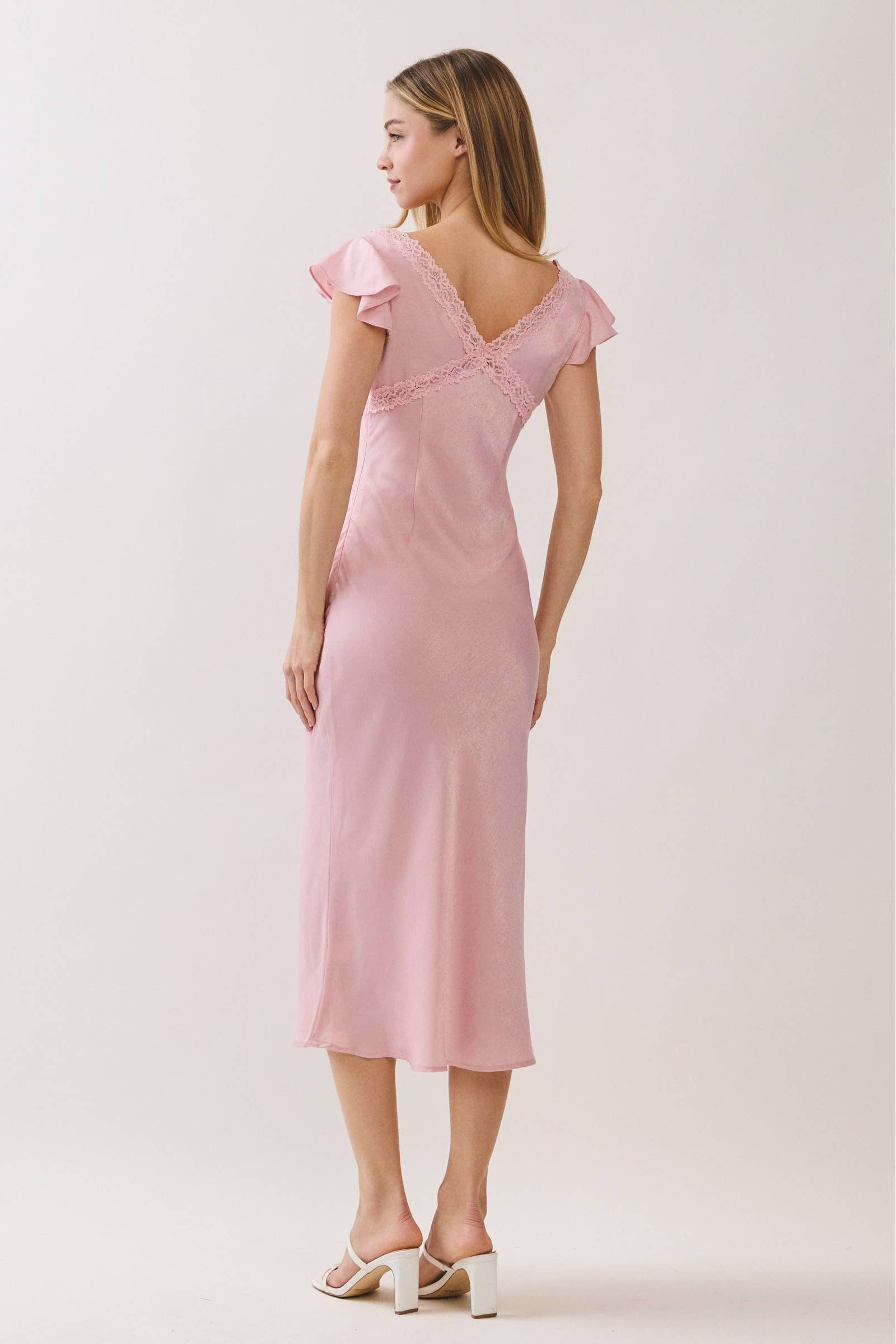 Satin Lace Trim Bias Cut Midi Dress