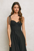 Black Cotton Poplin Ruched Detail Maxi Dress