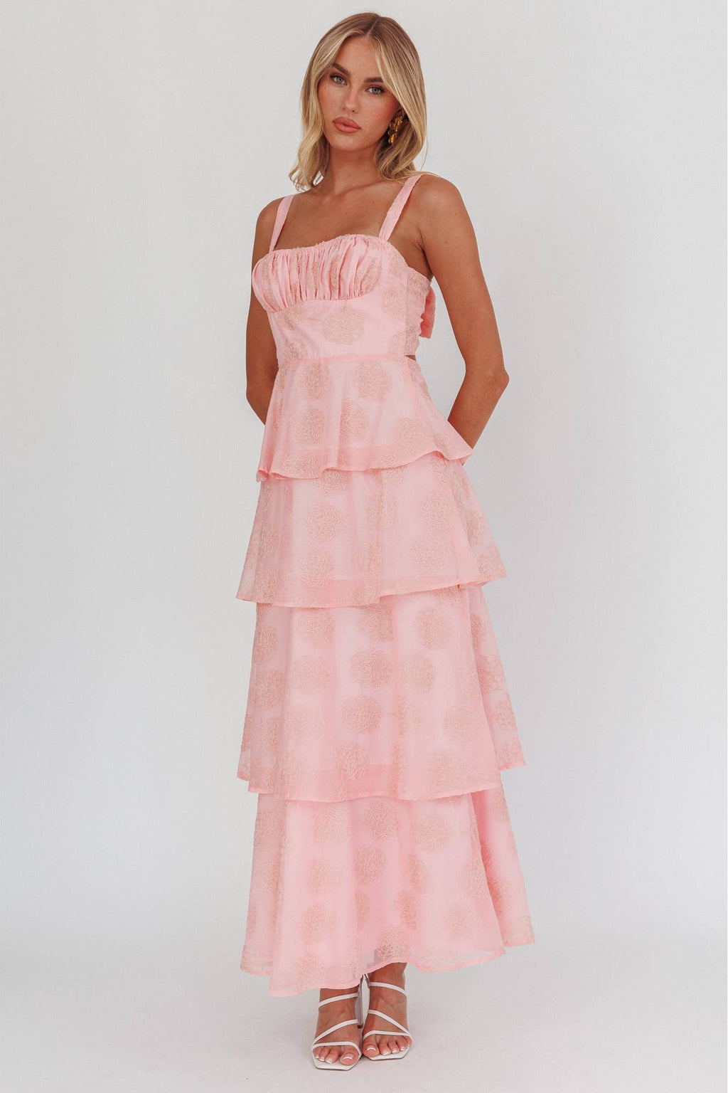 Embossed Floral Tiered Maxi Dress