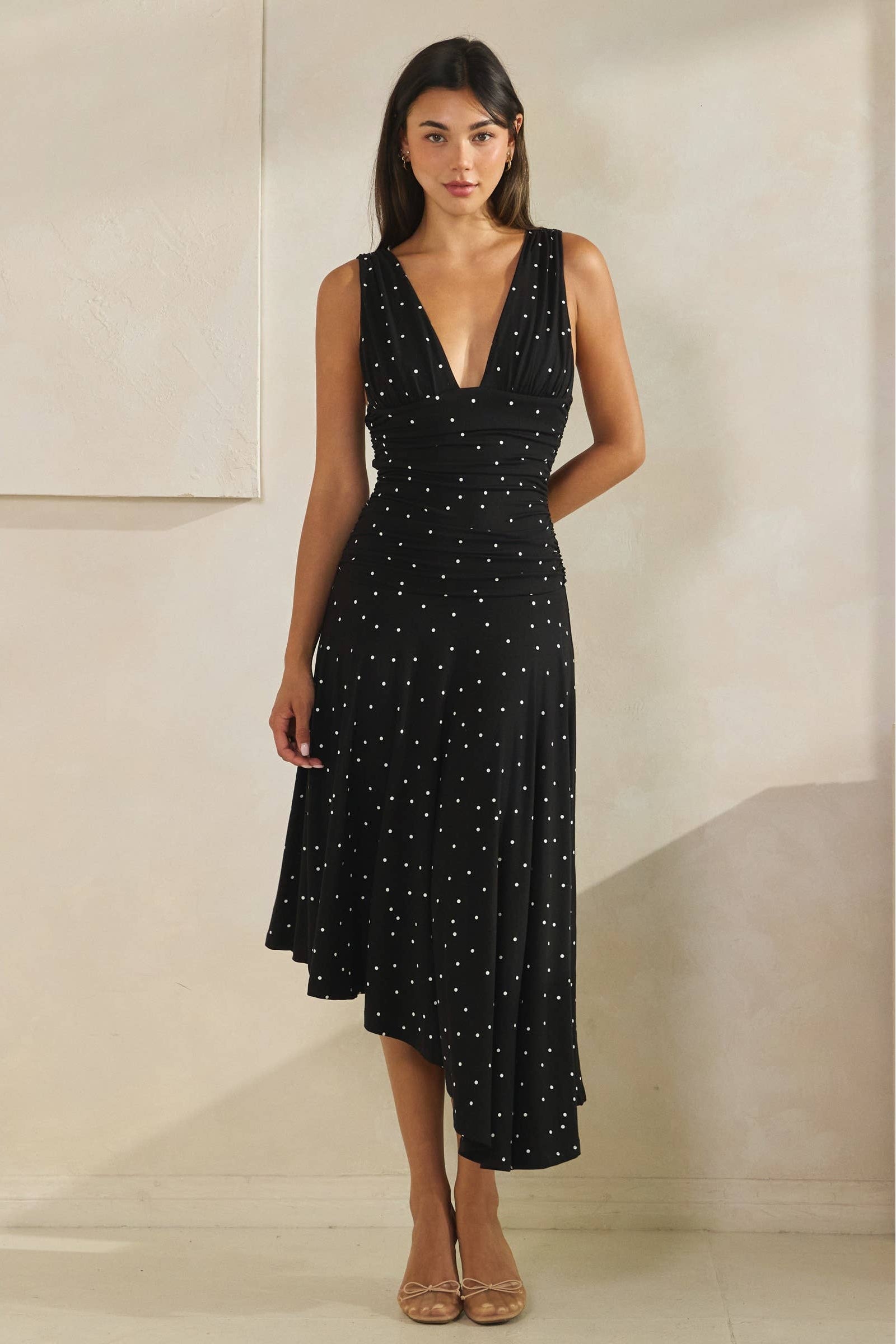 Polka Dot Ruched Asymmetrical Dress