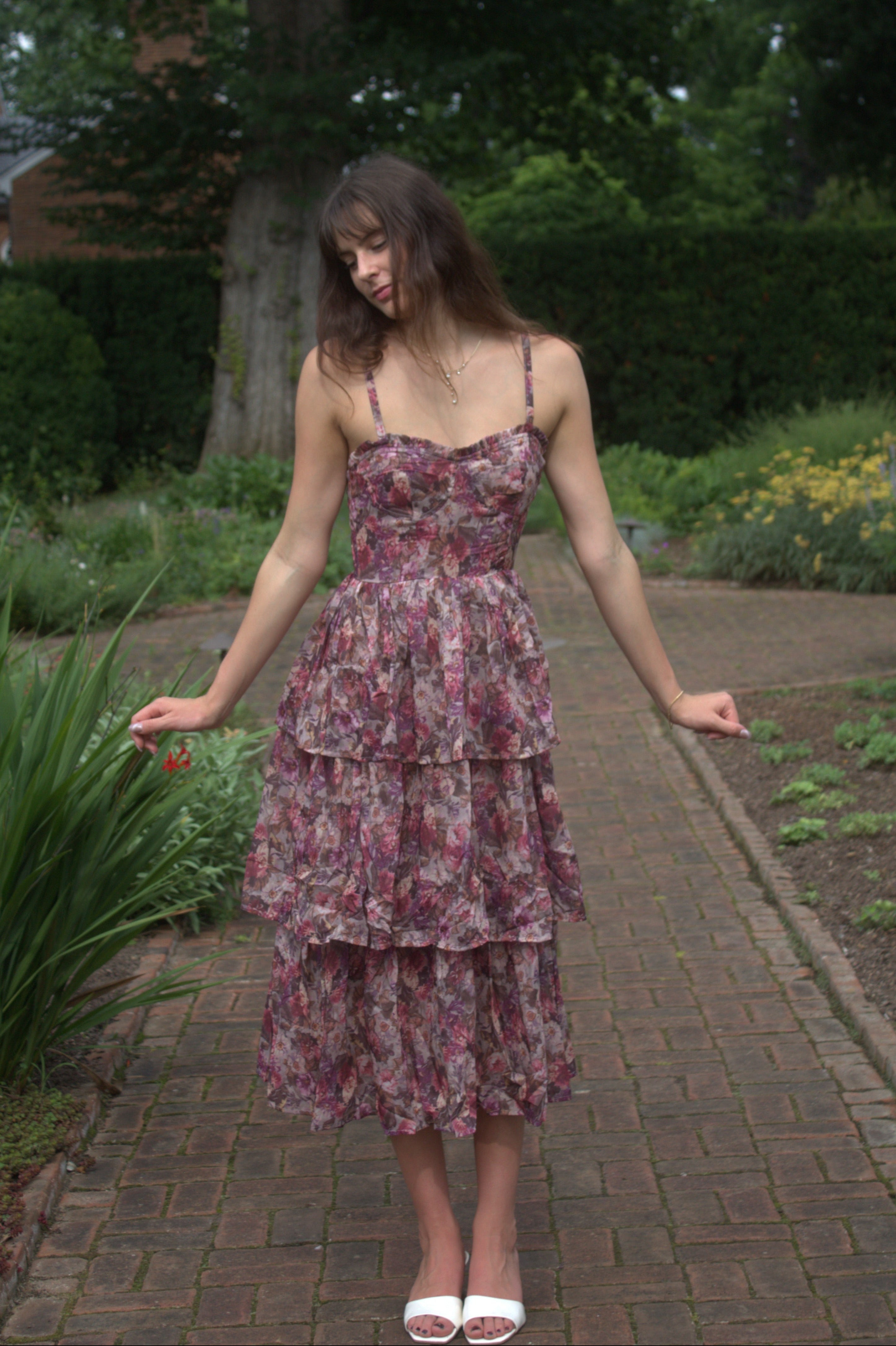 Floral Organza Tiered Midi Dress