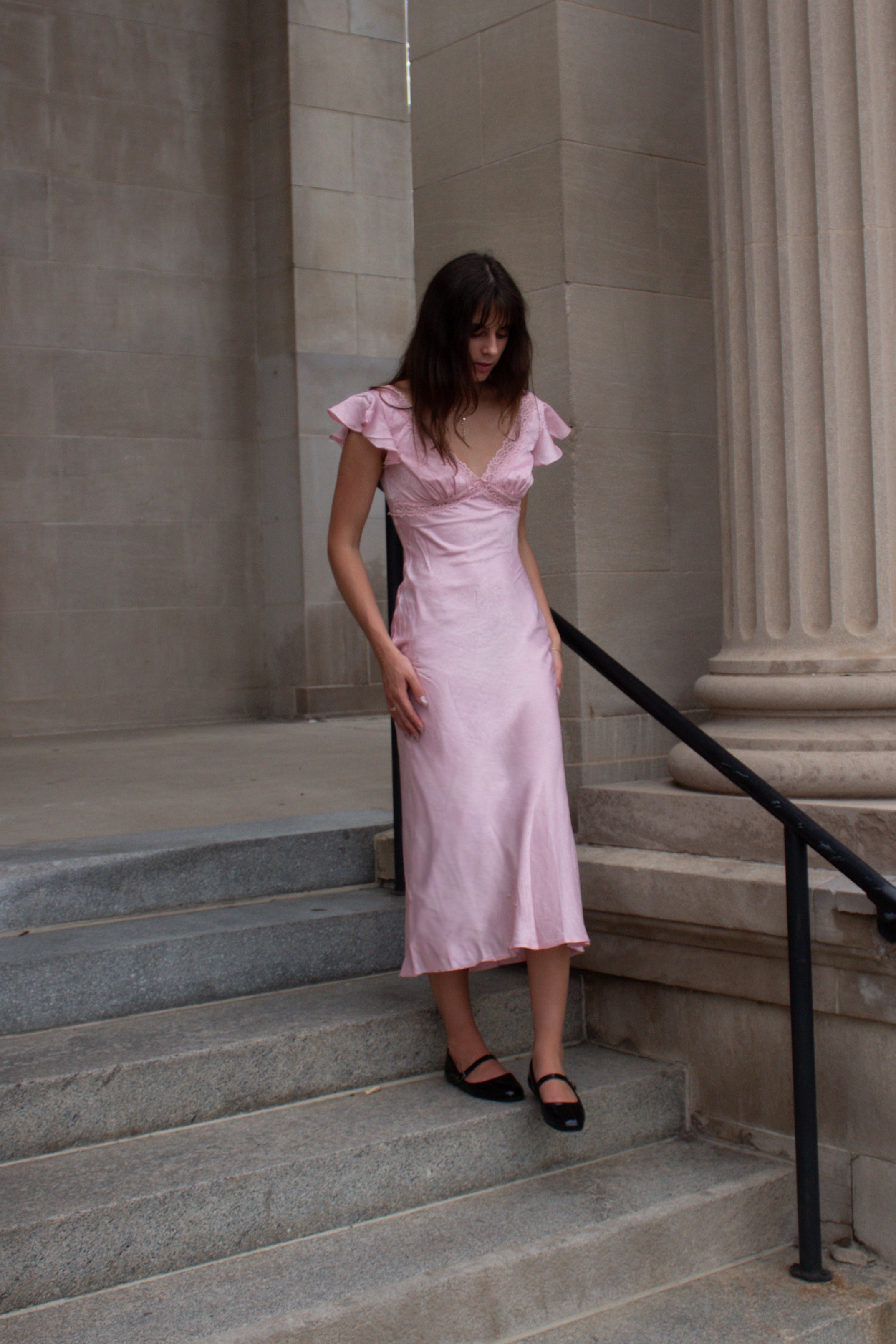 Satin Lace Trim Bias Cut Midi Dress