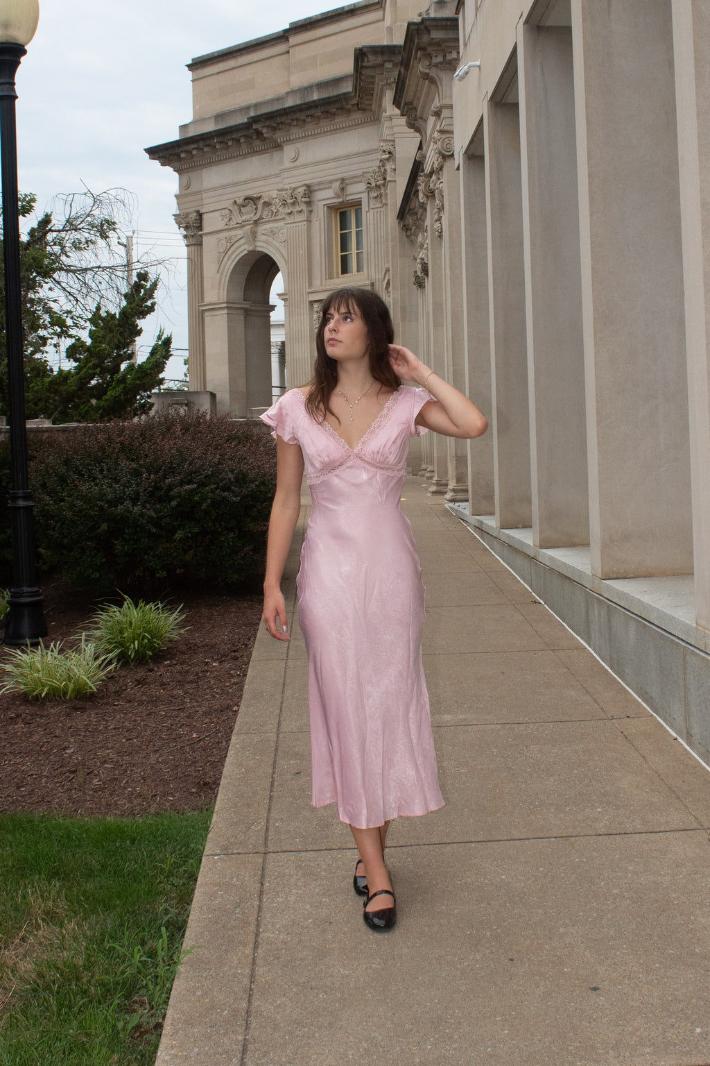 Satin Lace Trim Bias Cut Midi Dress