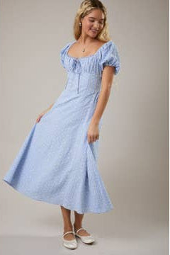 Puff Short Sleeve Sweetheart Neckline Gingham Midi Dress