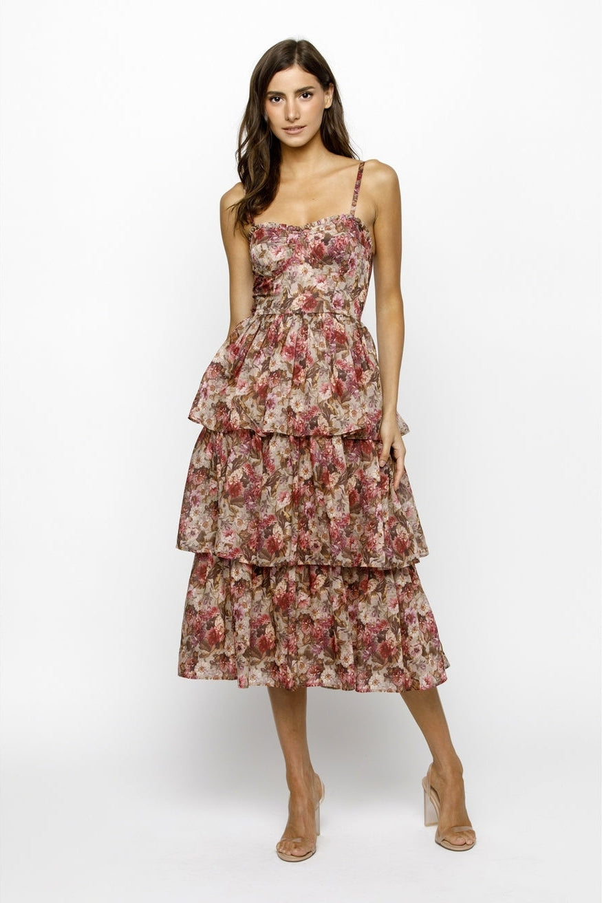 Floral Organza Tiered Midi Dress