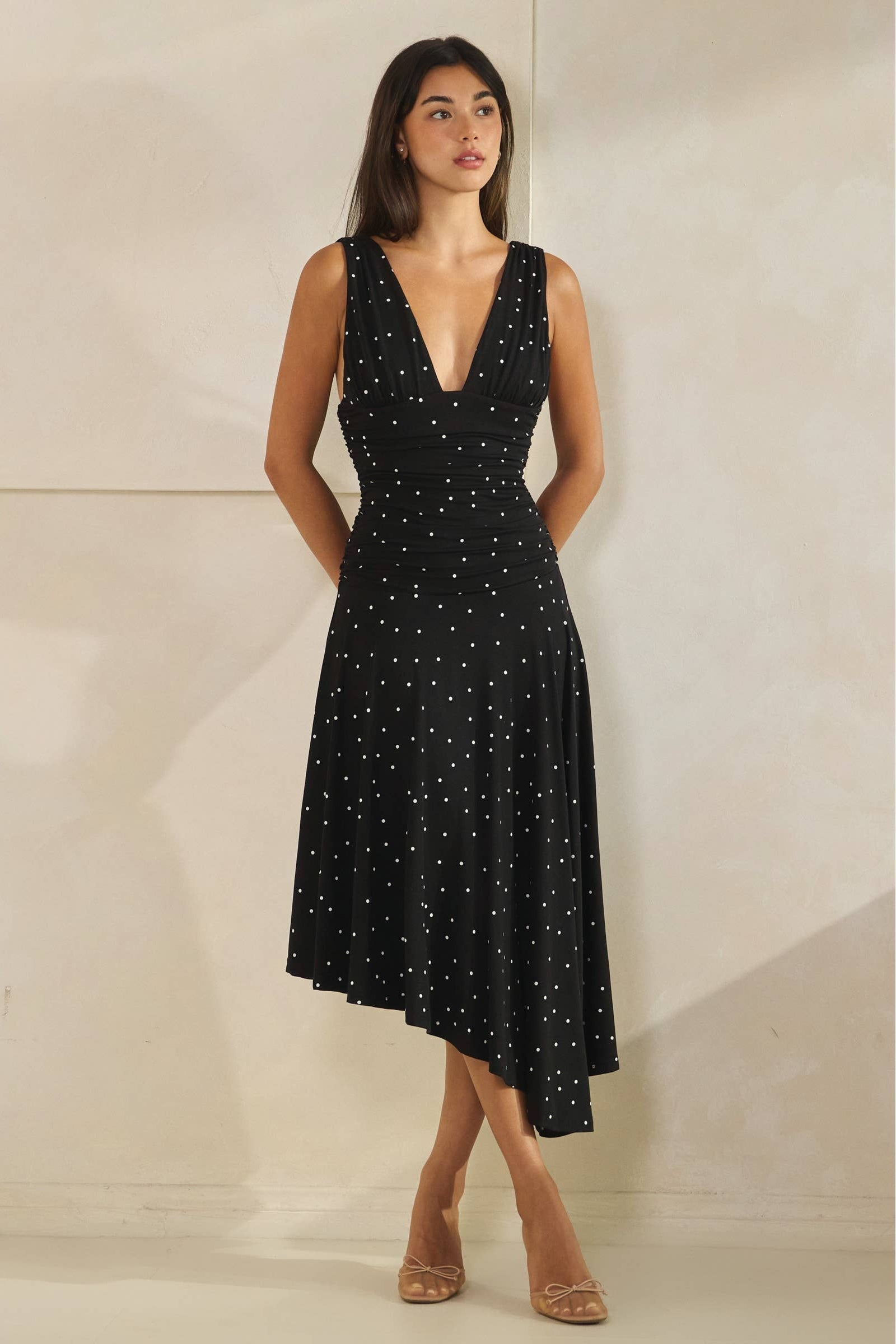 Polka Dot Ruched Asymmetrical Dress