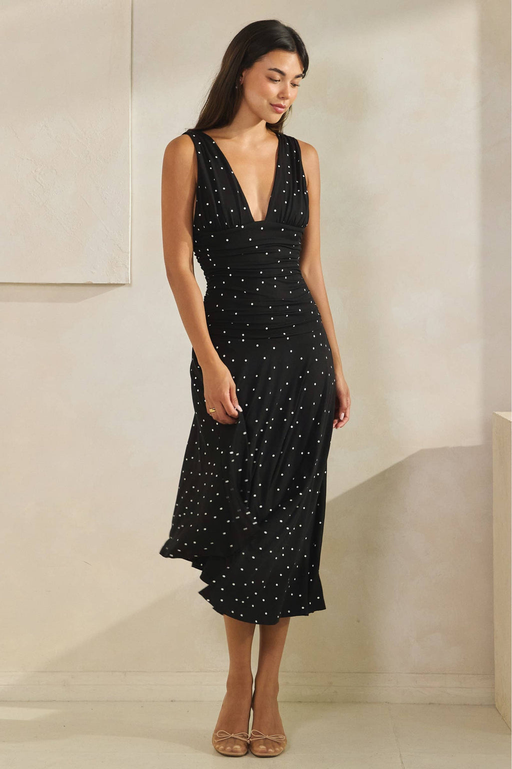 Polka Dot Ruched Asymmetrical Dress