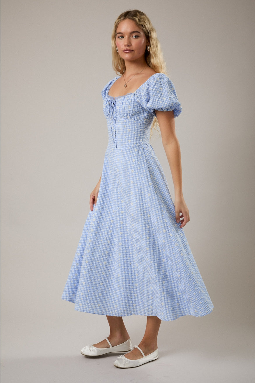 Puff Short Sleeve Sweetheart Neckline Gingham Midi Dress