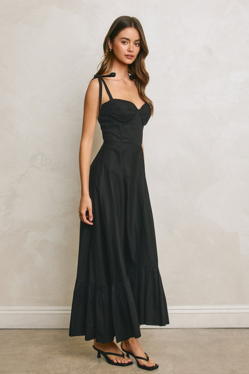 Black Cotton Poplin Ruched Detail Maxi Dress