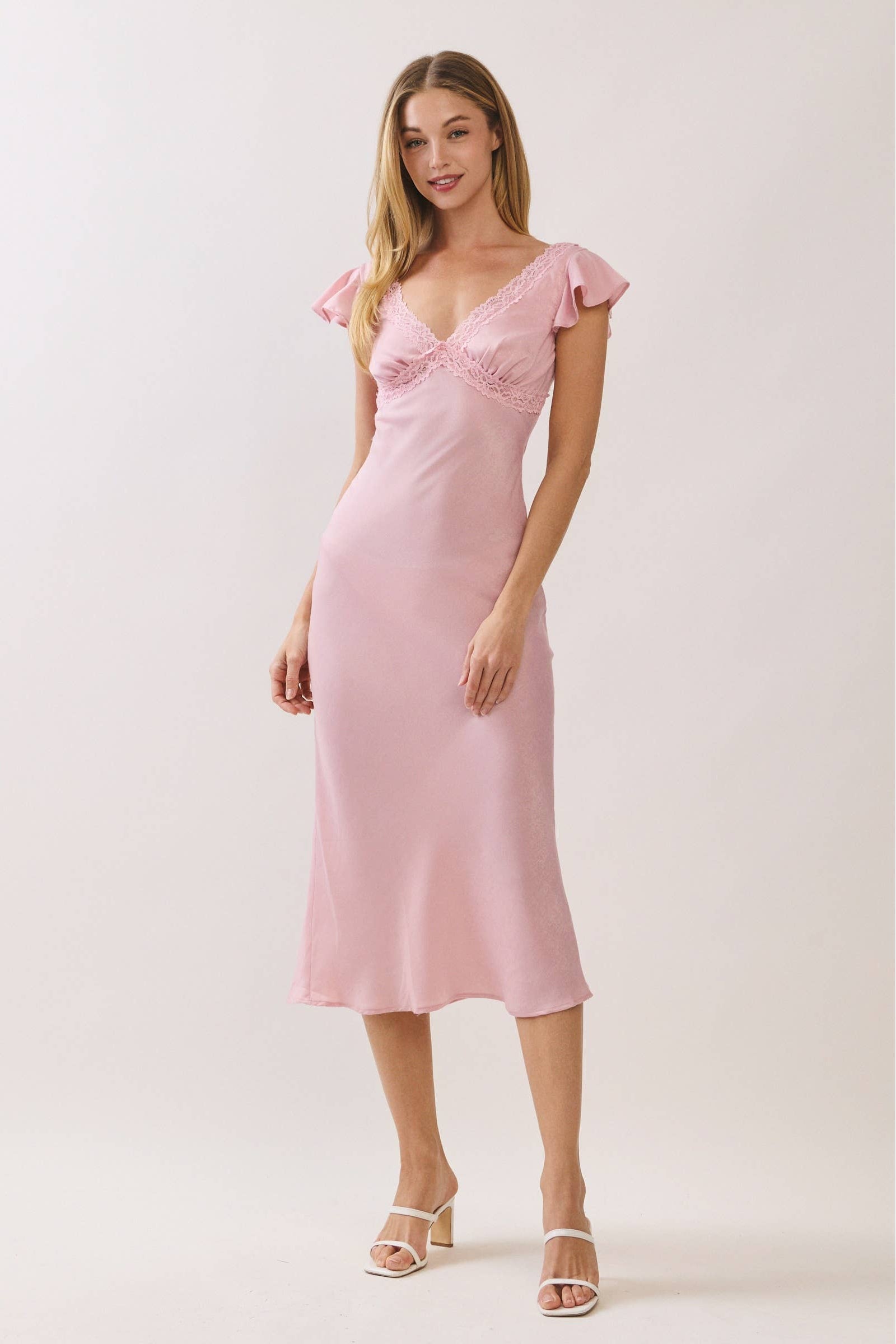 Satin Lace Trim Bias Cut Midi Dress