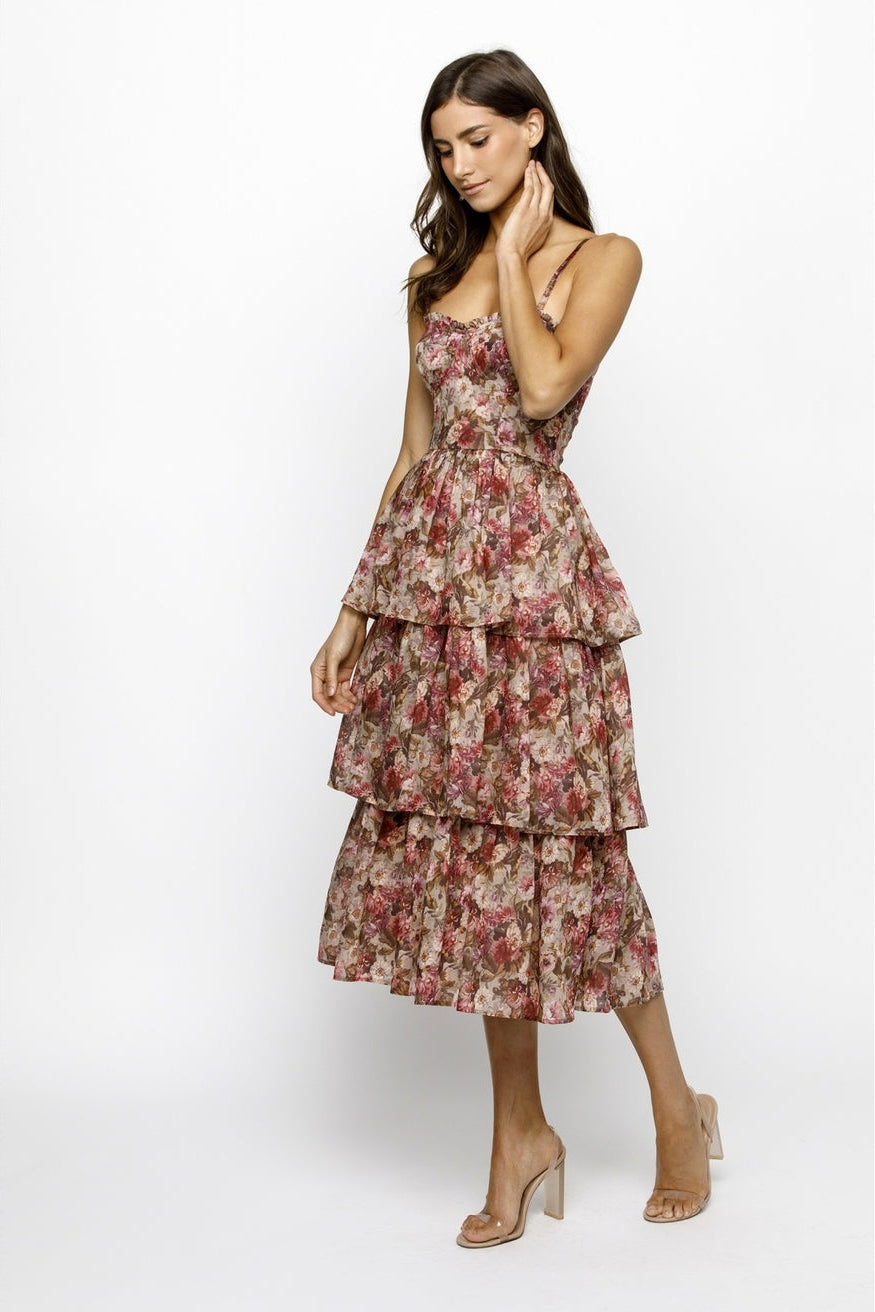 Floral Organza Tiered Midi Dress