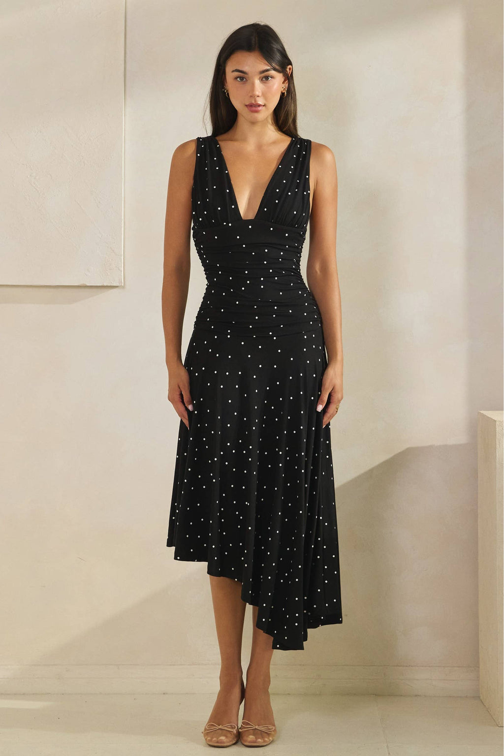 Polka Dot Ruched Asymmetrical Dress