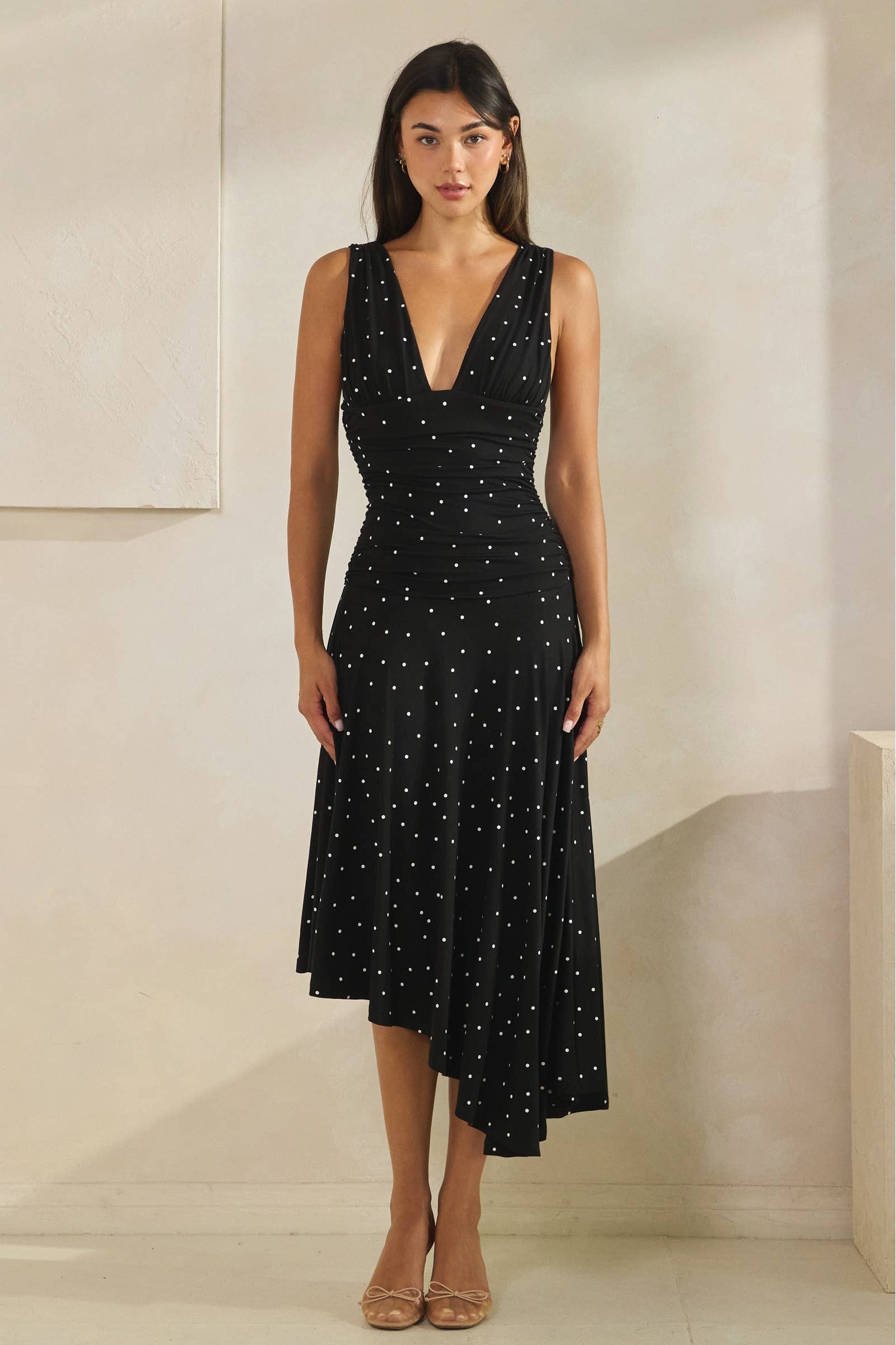 Polka Dot Ruched Asymmetrical Dress