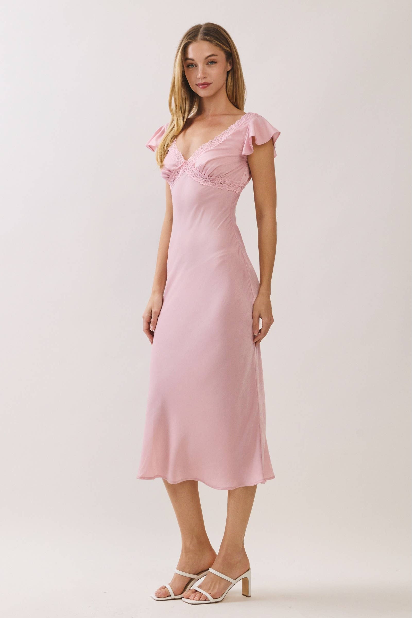 Satin Lace Trim Bias Cut Midi Dress