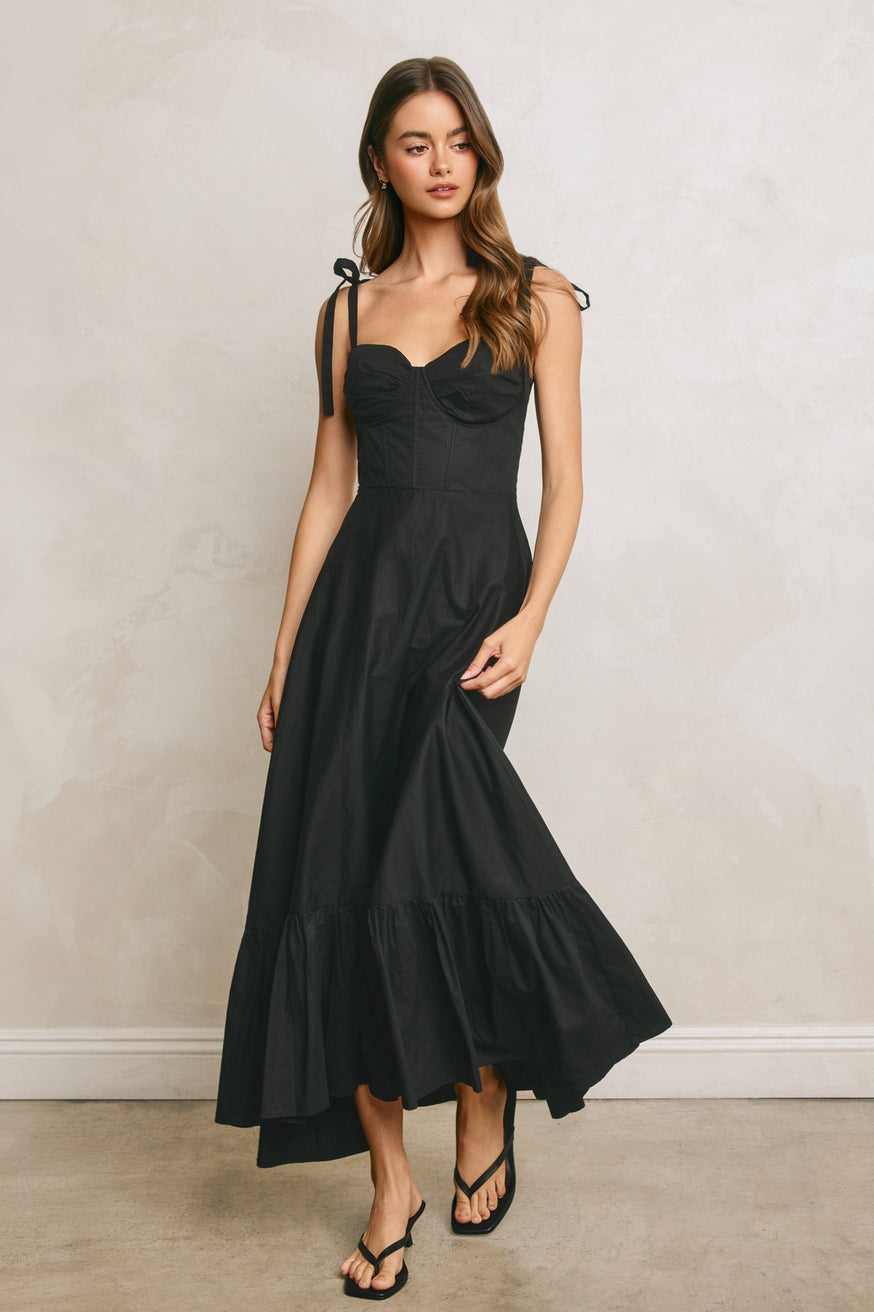 Black Cotton Poplin Ruched Detail Maxi Dress