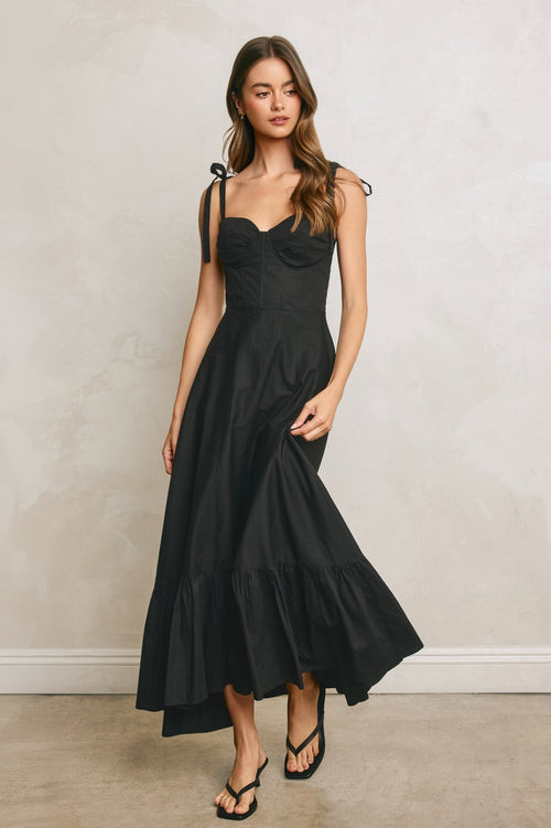Black Cotton Poplin Ruched Detail Maxi Dress