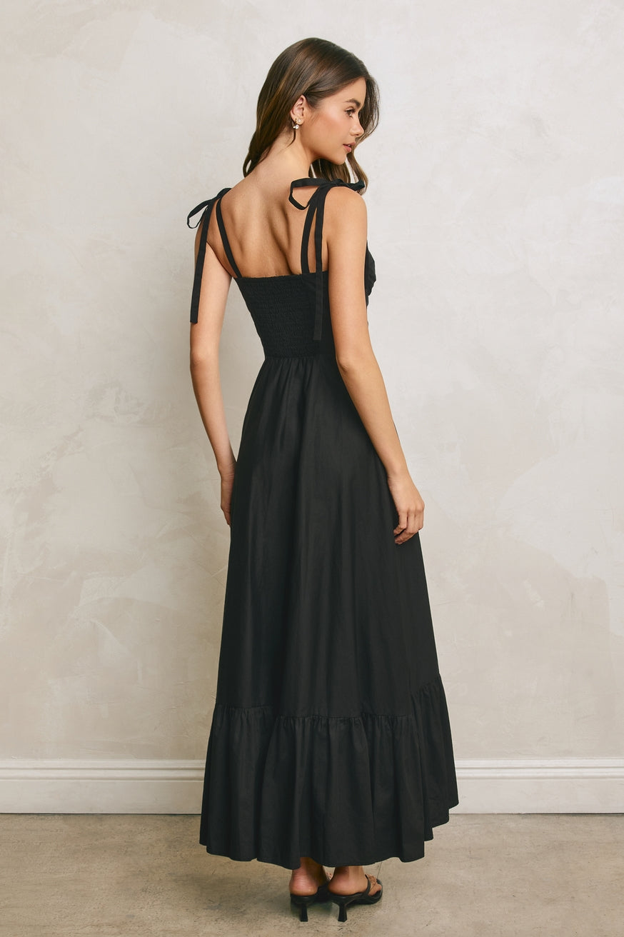 Black Cotton Poplin Ruched Detail Maxi Dress