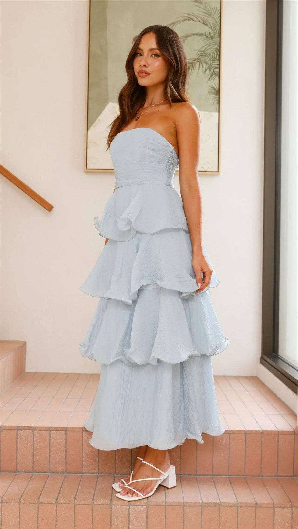 OFF SHOULDER TIERED MIDI DRESS