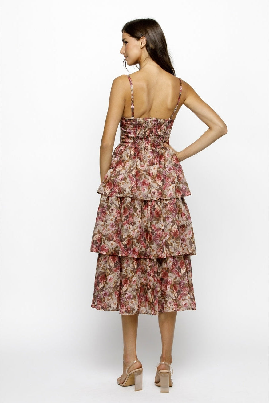Floral Organza Tiered Midi Dress
