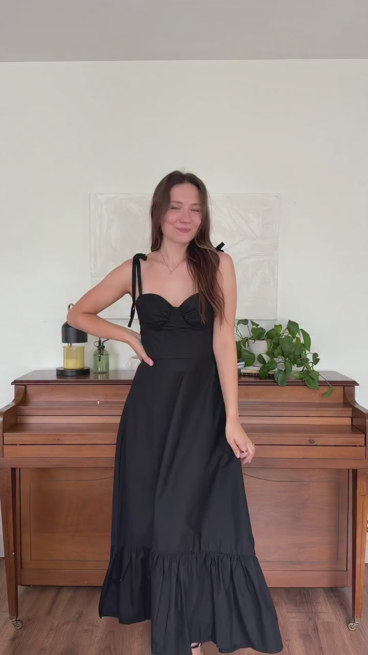 Black Cotton Poplin Ruched Detail Maxi Dress